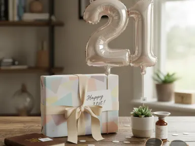 A birthday gift wrapped in pastel paper with a balloon and confetti