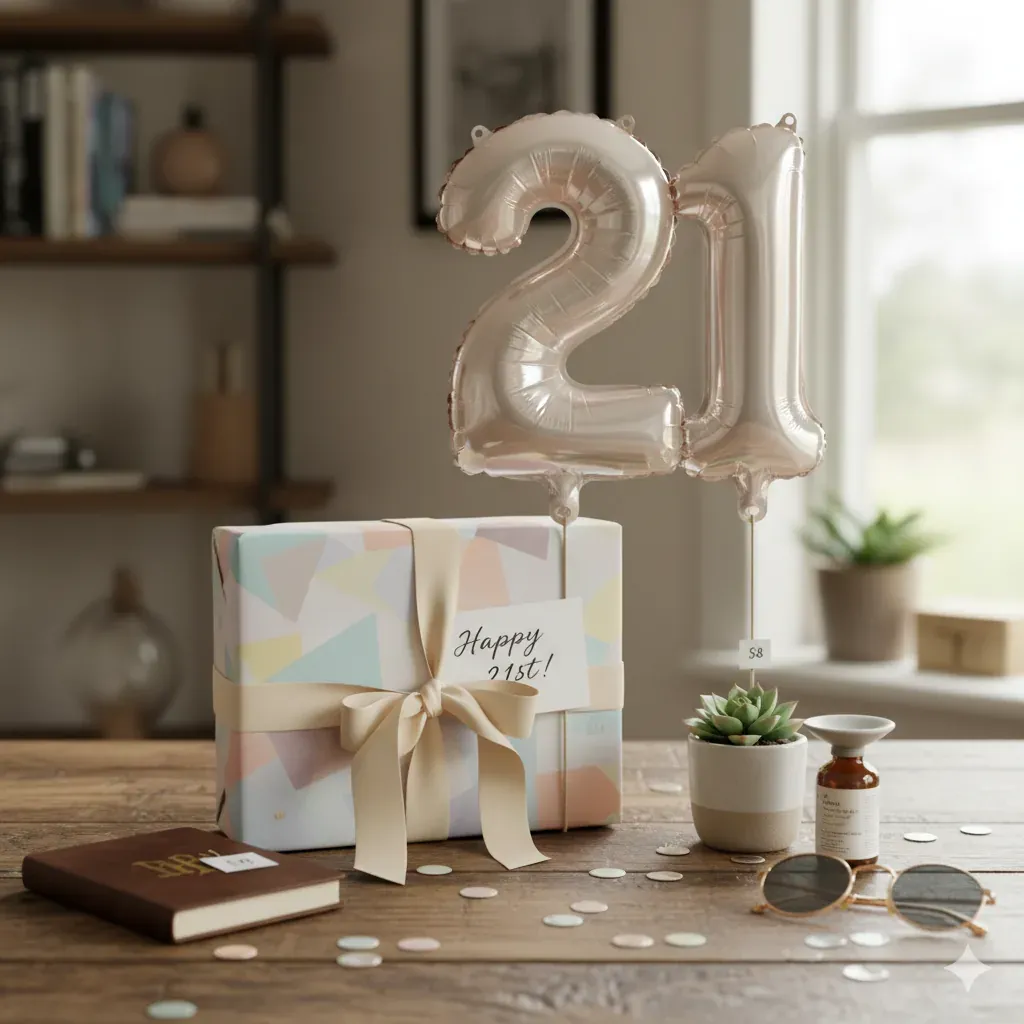 A birthday gift wrapped in pastel paper with a balloon and confetti