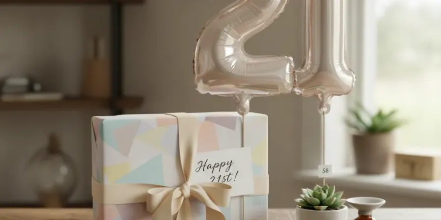A birthday gift wrapped in pastel paper with a balloon and confetti
