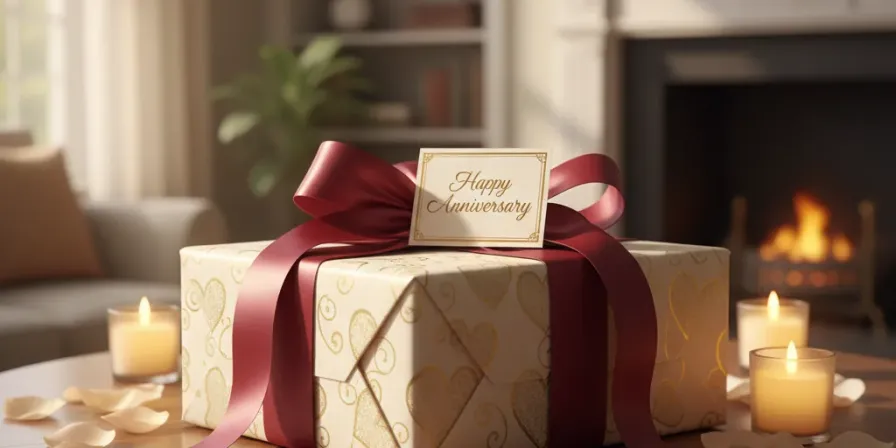 A beautifully wrapped anniversary gift on a wooden table with soft lighting