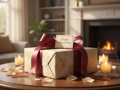 A beautifully wrapped anniversary gift on a wooden table with soft lighting