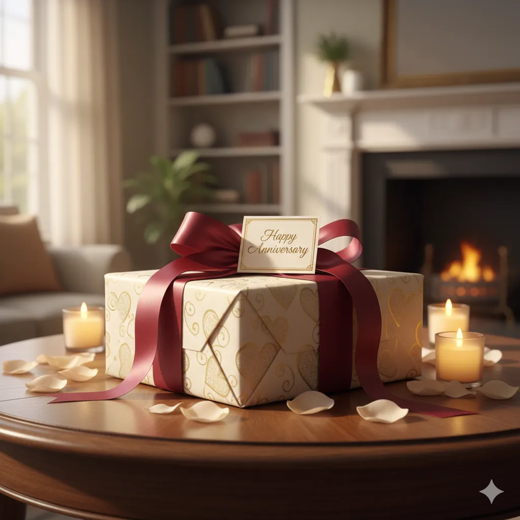 A beautifully wrapped anniversary gift on a wooden table with soft lighting