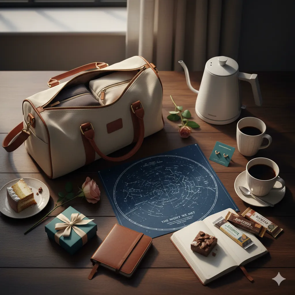 A flat-lay of birthday gifts for her including a weekender bag, custom star map, and electric kettle on a wooden desk.