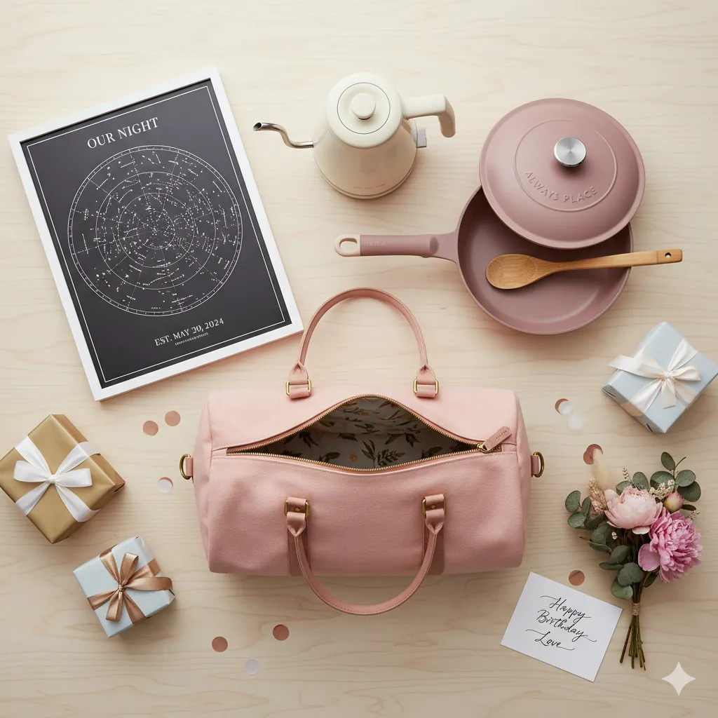 A flat-lay of birthday gifts for her including a weekender bag, custom star map, electric kettle, and always pan on a wooden desk.