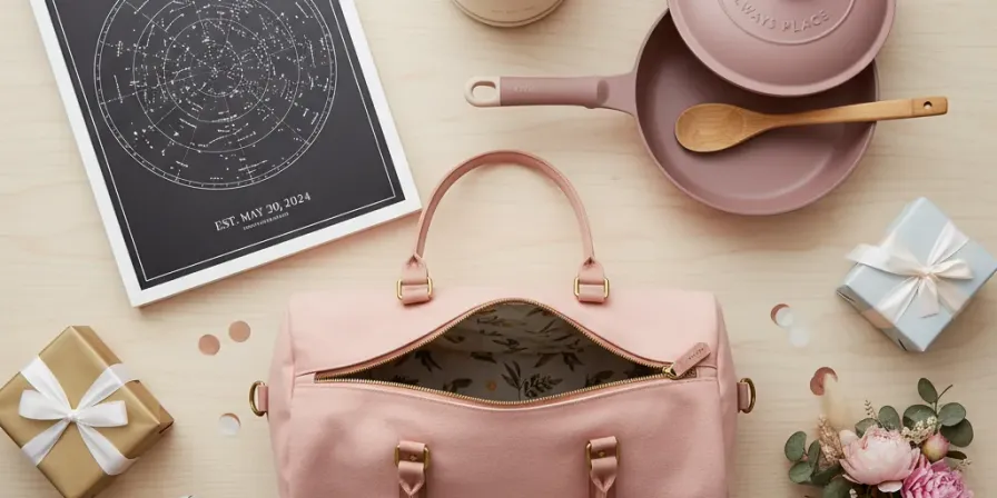 A flat-lay of birthday gifts for her including a weekender bag, custom star map, electric kettle, and always pan on a wooden desk.