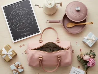 A flat-lay of birthday gifts for her including a weekender bag, custom star map, electric kettle, and always pan on a wooden desk.