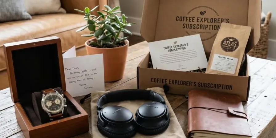 A thoughtfully arranged collection of birthday gift options including a watch, headphones, and coffee subscription
