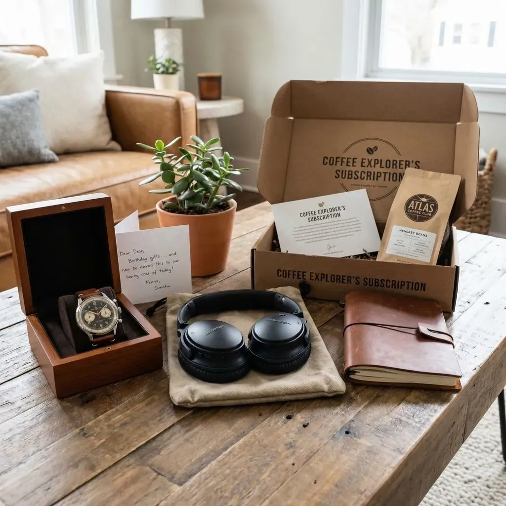 A thoughtfully arranged collection of birthday gift options including a watch, headphones, and coffee subscription