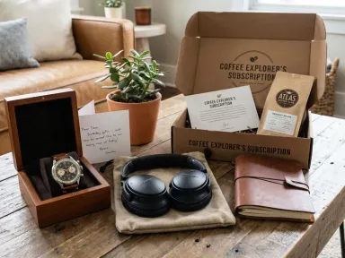 A thoughtfully arranged collection of birthday gift options including a watch, headphones, and coffee subscription