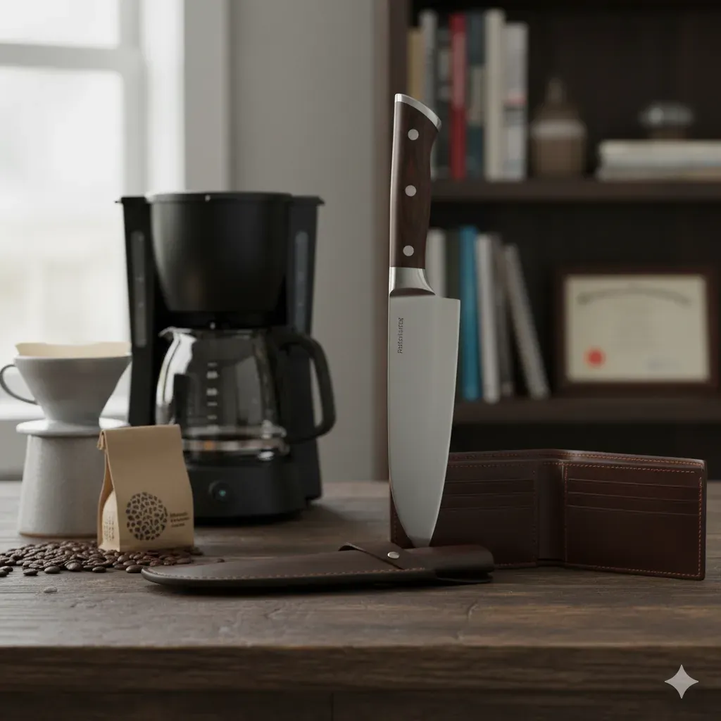 A collection of practical graduation gifts including a quality chef knife, leather wallet, and coffee maker on a wooden table