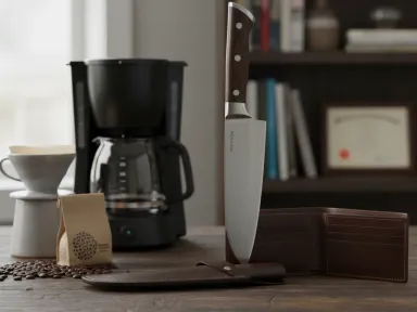 A collection of practical graduation gifts including a quality chef knife, leather wallet, and coffee maker on a wooden table