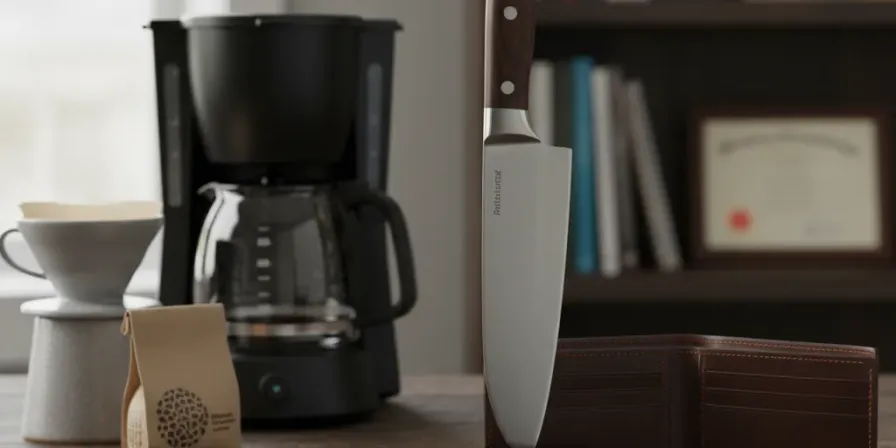 A collection of practical graduation gifts including a quality chef knife, leather wallet, and coffee maker on a wooden table