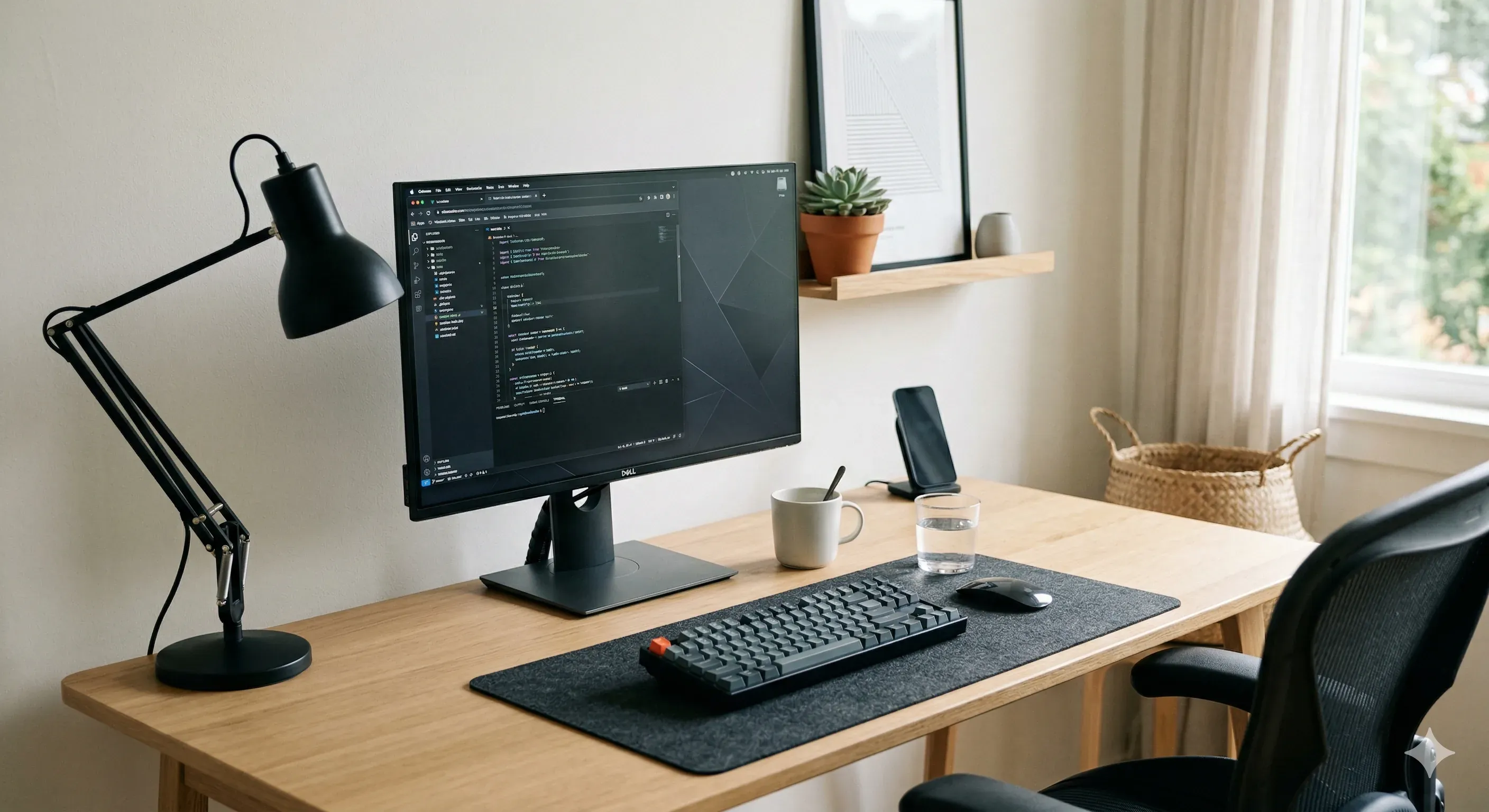 A clean, well-organized desk with a monitor, keyboard, desk lamp, and minimal accessories