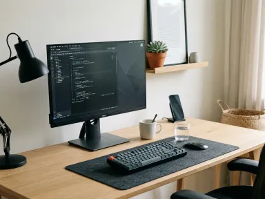 A clean, well-organized desk with a monitor, keyboard, desk lamp, and minimal accessories
