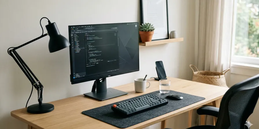 A clean, well-organized desk with a monitor, keyboard, desk lamp, and minimal accessories