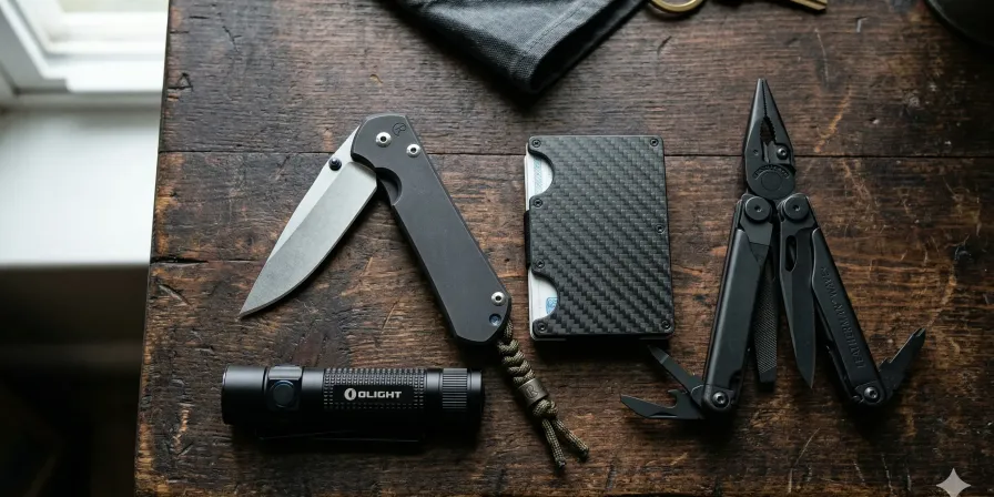 A curated EDC setup with a folding knife, flashlight, cardholder wallet, and multi-tool arranged on a dark surface