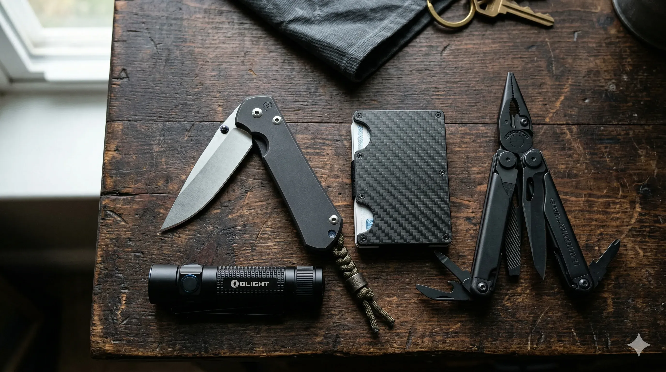 A curated EDC setup with a folding knife, flashlight, cardholder wallet, and multi-tool arranged on a dark surface