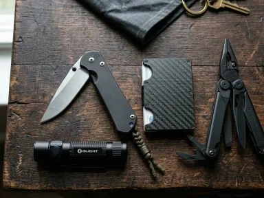 A curated EDC setup with a folding knife, flashlight, cardholder wallet, and multi-tool arranged on a dark surface