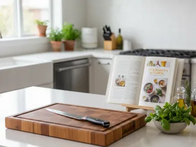 A clean kitchen counter with essential beginner cooking tools including a chef's knife, cutting board, and cookbook