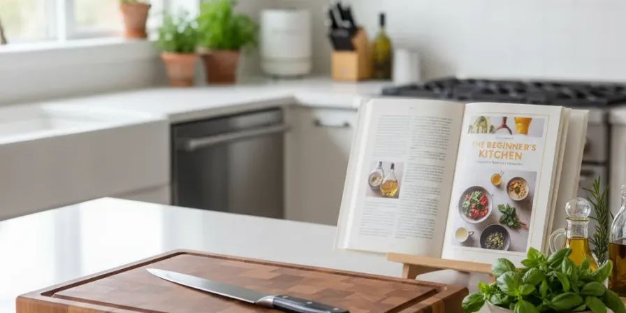 A clean kitchen counter with essential beginner cooking tools including a chef's knife, cutting board, and cookbook