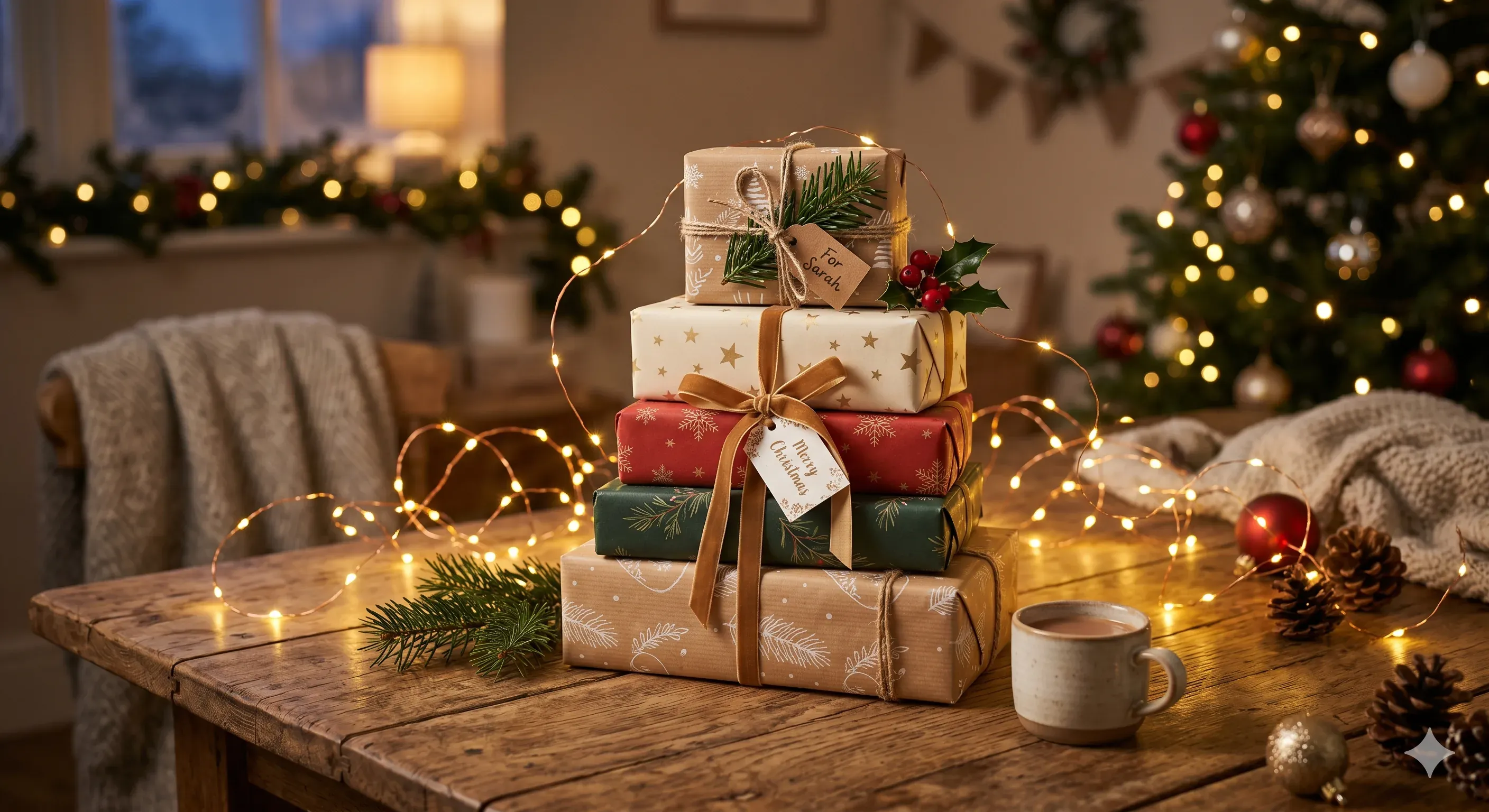 A beautifully wrapped stack of small gifts on a wooden table with fairy lights