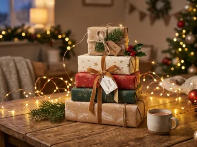 A beautifully wrapped stack of small gifts on a wooden table with fairy lights
