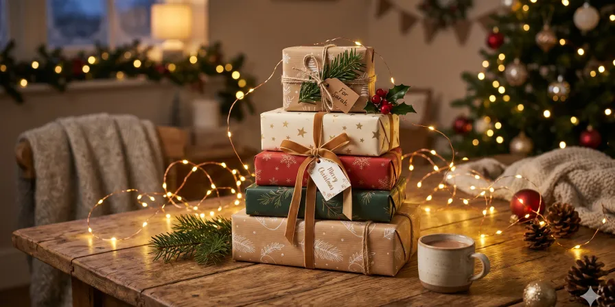 A beautifully wrapped stack of small gifts on a wooden table with fairy lights