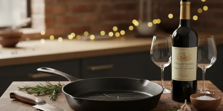 A well-worn cast iron skillet, a chef's knife, and a bottle of wine on a wooden countertop — the makings of a proper housewarming gift