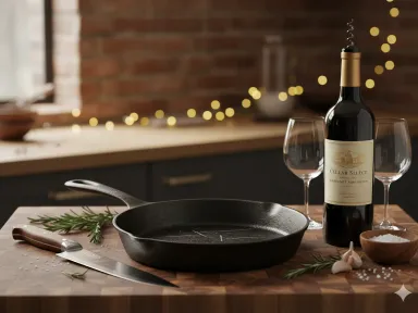A well-worn cast iron skillet, a chef's knife, and a bottle of wine on a wooden countertop — the makings of a proper housewarming gift