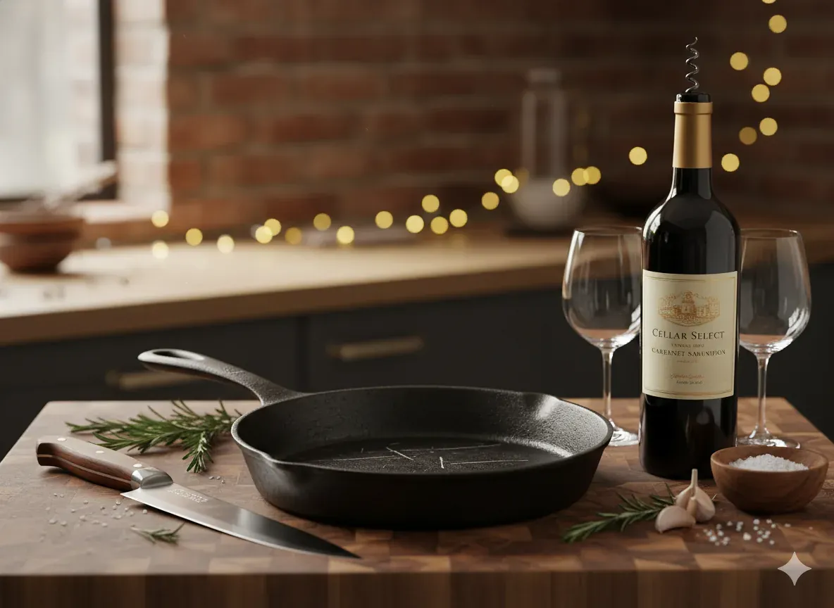 A well-worn cast iron skillet, a chef's knife, and a bottle of wine on a wooden countertop — the makings of a proper housewarming gift