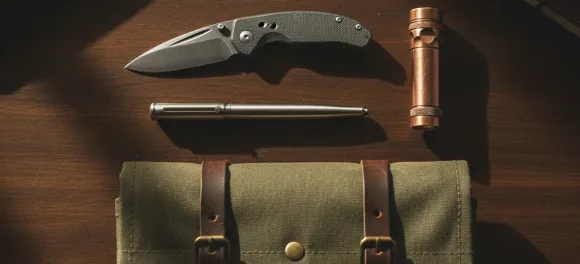 A flat-lay of heavy-duty everyday carry gear including a knife, pen, and canvas tool roll on a wooden desk.