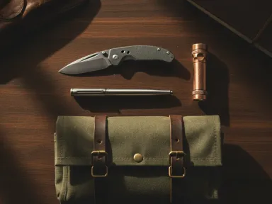 A flat-lay of heavy-duty everyday carry gear including a knife, pen, and canvas tool roll on a wooden desk.