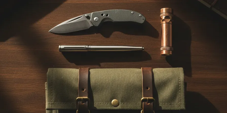 A flat-lay of heavy-duty everyday carry gear including a knife, pen, and canvas tool roll on a wooden desk.