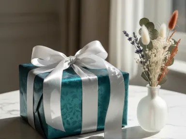 A beautifully wrapped gift box with a satin ribbon on a marble surface next to a small vase of dried flowers