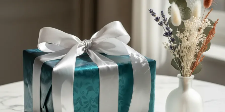 A beautifully wrapped gift box with a satin ribbon on a marble surface next to a small vase of dried flowers