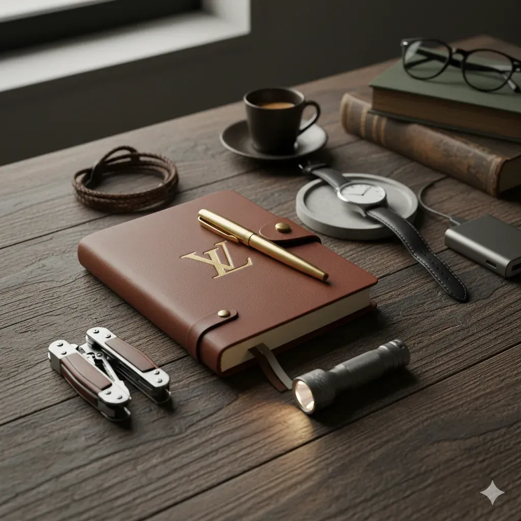 A collection of well-crafted everyday carry items and desk accessories arranged on a wooden surface