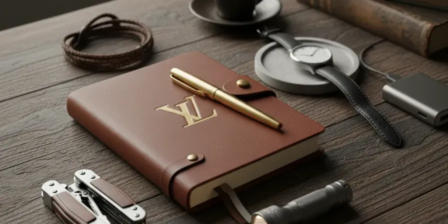 A collection of well-crafted everyday carry items and desk accessories arranged on a wooden surface