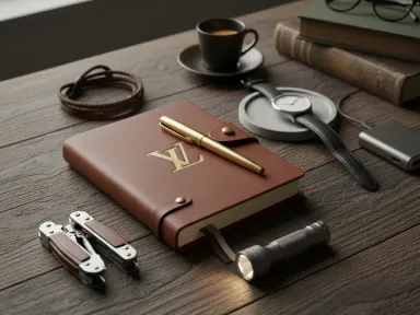 A collection of well-crafted everyday carry items and desk accessories arranged on a wooden surface