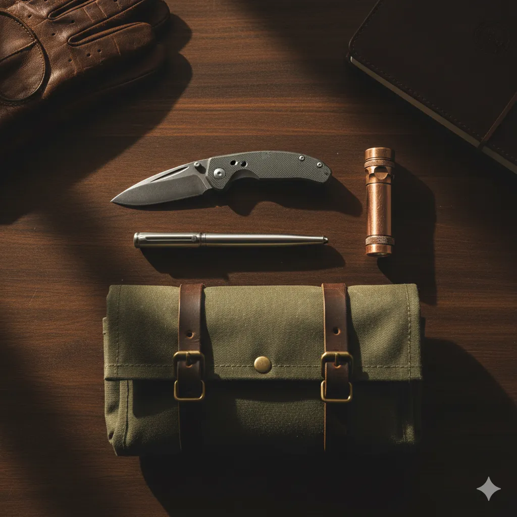 A flat-lay of heavy-duty everyday carry gear including a knife, pen, and canvas tool roll on a wooden desk.