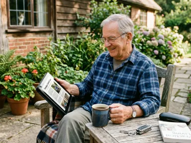 A grandfather enjoying a morning coffee while reading on his tablet