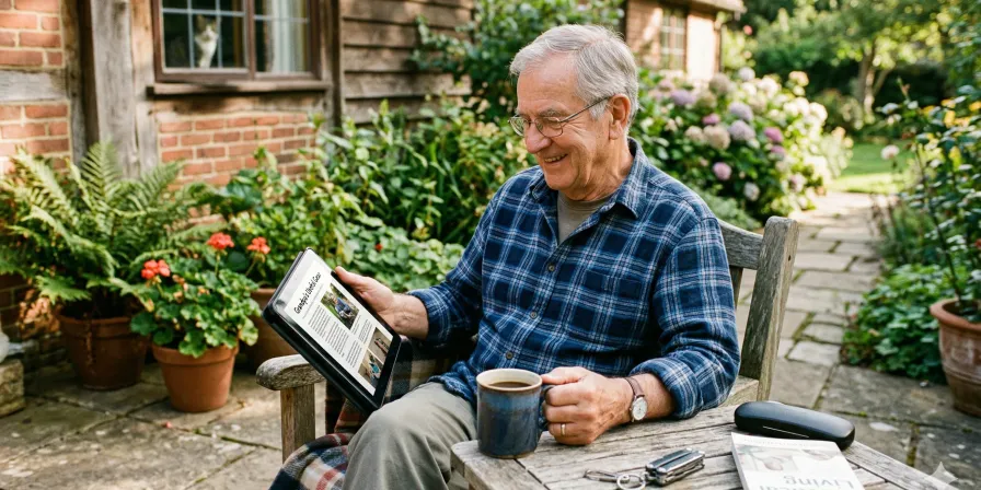 A grandfather enjoying a morning coffee while reading on his tablet