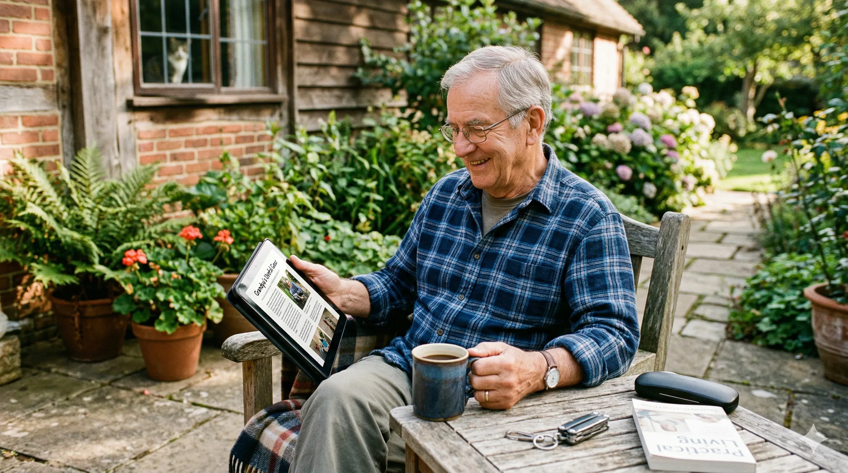 A grandfather enjoying a morning coffee while reading on his tablet