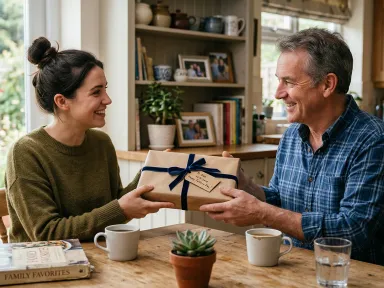 A daughter handing a wrapped gift to her father at a kitchen table