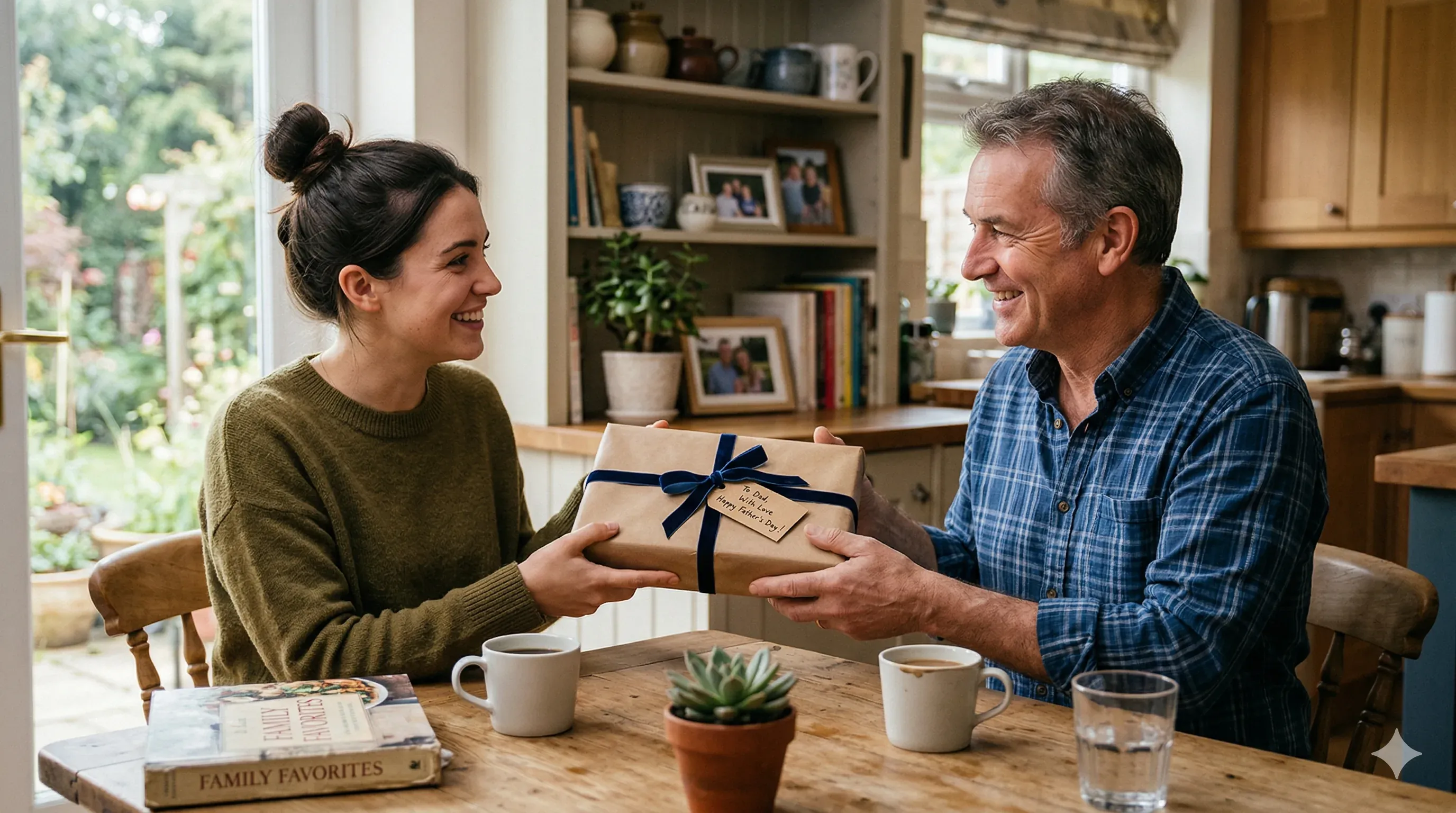 A daughter handing a wrapped gift to her father at a kitchen table