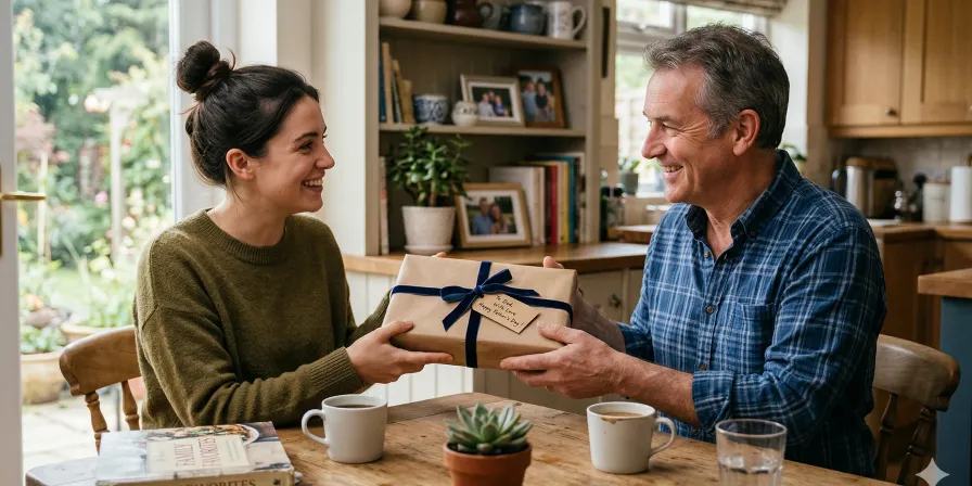 A daughter handing a wrapped gift to her father at a kitchen table