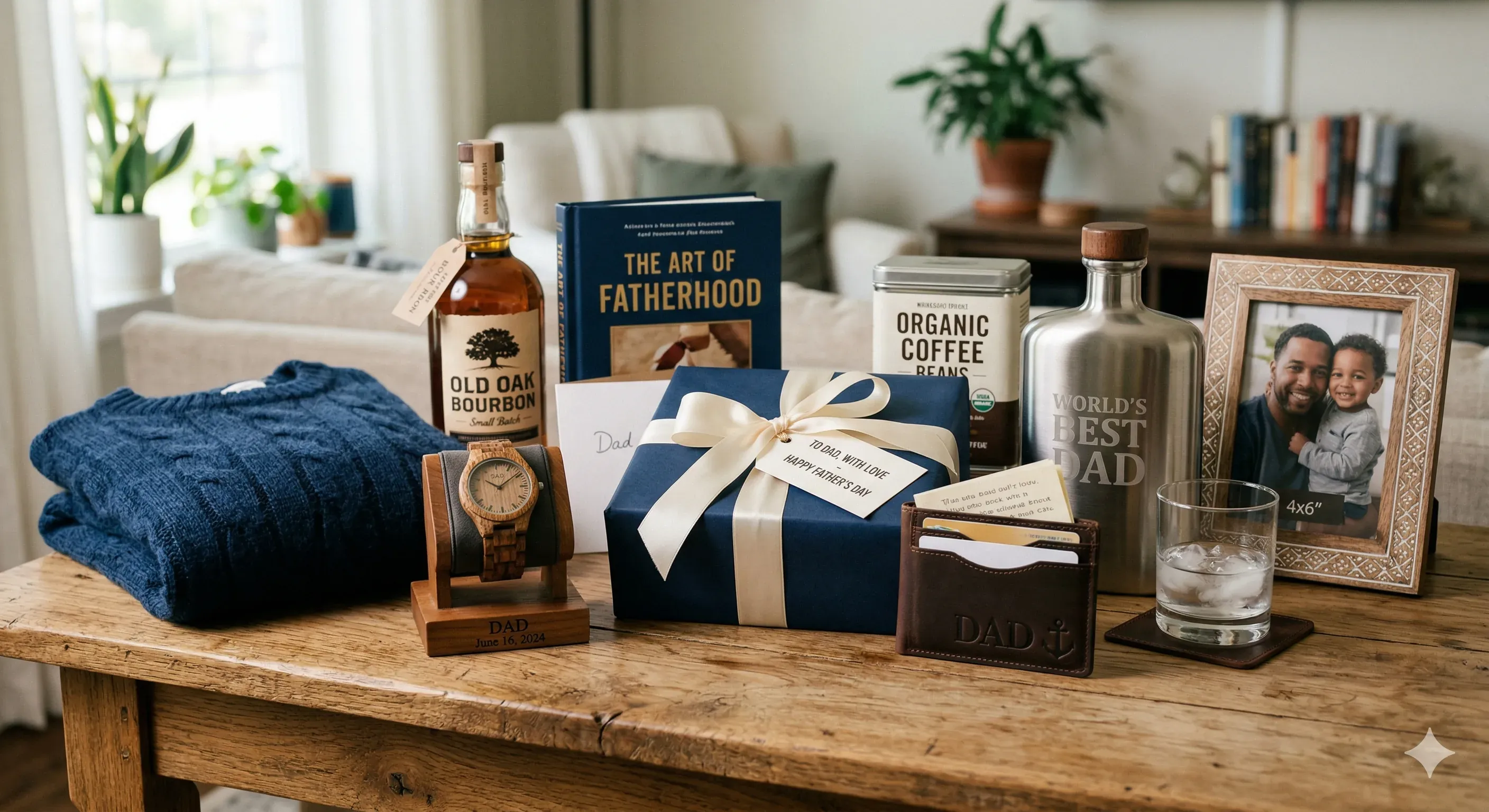 A neatly arranged collection of thoughtful Father's Day gifts on a wooden surface