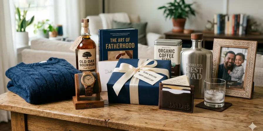 A neatly arranged collection of thoughtful Father's Day gifts on a wooden surface