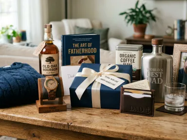 A neatly arranged collection of thoughtful Father's Day gifts on a wooden surface