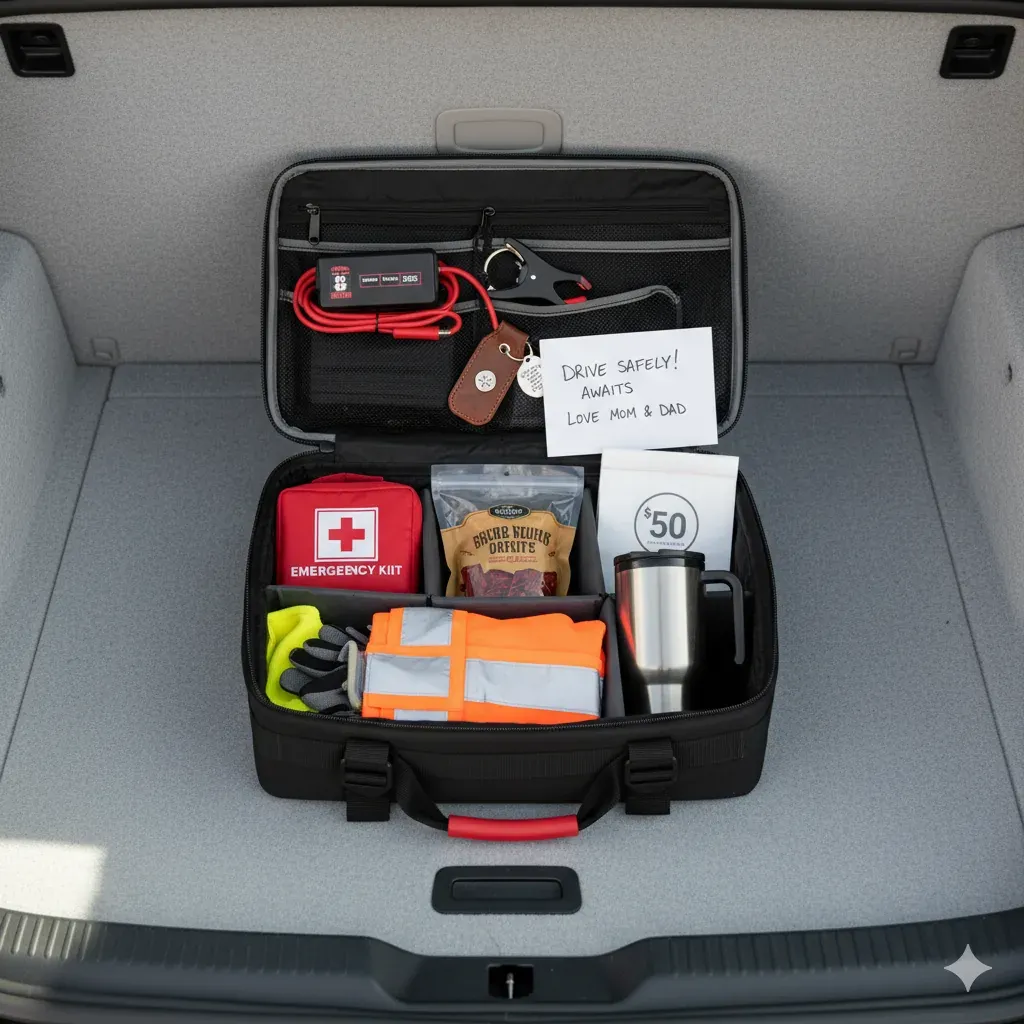 A neatly organized car trunk with emergency supplies and a quality phone mount installed