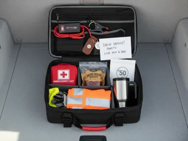 A neatly organized car trunk with emergency supplies and a quality phone mount installed